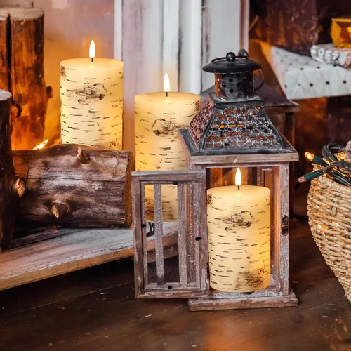 Miniatura 4 de Eywamage Velas de pilar sin llama de corteza de abedul con control remoto, velas LED rústicas parpadeantes con batería, juego de 3 Top plano
