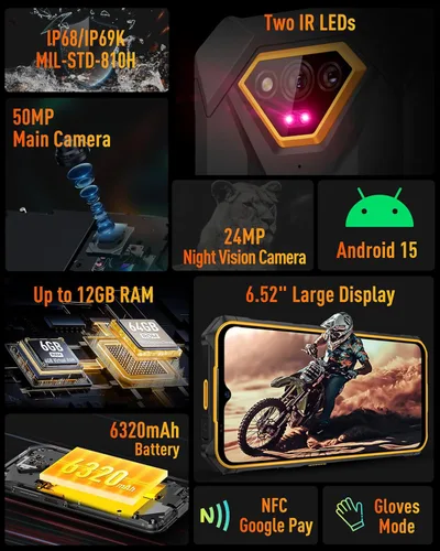 Miniatura 2 de Ulefone Armor X13 - Teléfono inteligente resistente, cámara de visión nocturna de 50 MP+24 MP, octa-core 12 GB RAM 64 GB ROM, pantalla de 6.52