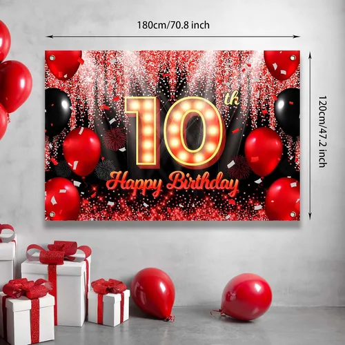 Miniatura 5 de Telón de Fondo Banner de Feliz 10º Cumpleaños Tema Negro y Rojo con Fondo de Neón Brillante y Moda para Fiesta de Cumpleaños Fotografía Accesorio