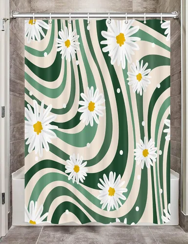 JAWO Bonita cortina de ducha abstracta verde salvia con margaritas para caravana de viaje, remolque, baño, juego de cortinas de ducha de tela