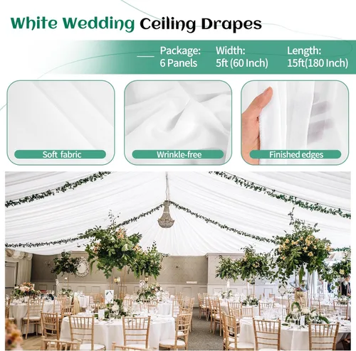 Miniatura 4 de Showgeous 6 paneles de cortinas de techo blancas para boda de 5 pies x 15 pies, tela para cubrir arco, cortinas transparentes, cortinas de gasa