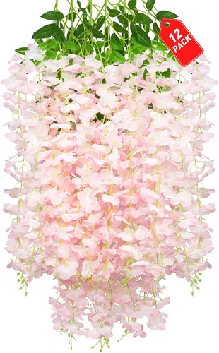 Miniatura 35 de Paquete de 12 flores colgantes de glicina rosa, flores colgantes falsas de 3.44 pies, guirnalda de glicina artificial para decoración de boda, telón