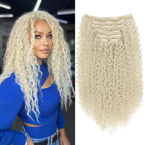 Miniatura 20 de Extensión de cabello humano con clip de onda profunda de 24 pulgadas, postizo de doble trama, sintético para mujeres, extensiones de cabello grueso
