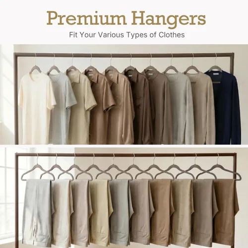 Miniatura 8 de HOUSE DAY Paquete de 60 perchas de terciopelo color taupe, perchas de fieltro antideslizantes para ropa de uso pesado para abrigo, perchas delgadas