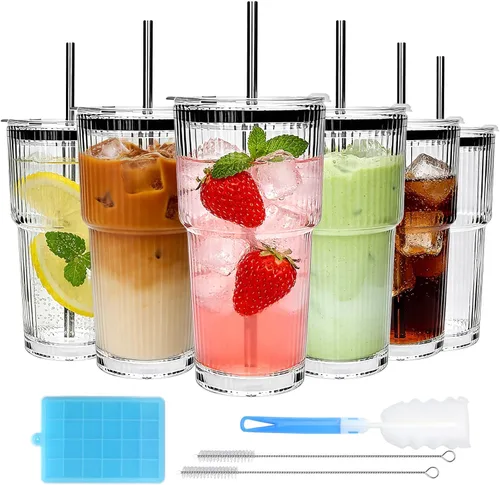 Accguan Vaso de vidrio acanalado de 18 onzas con popote y tapa, taza de vidrio, tazas de café reutilizables con tapas, vasos de vidrio con tapas