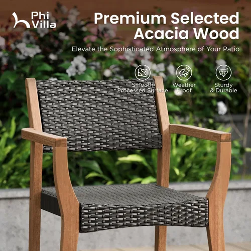 Miniatura 2 de PHI VILLA Juego de 2 sillas de madera de acacia para exteriores, sillones de comedor resistentes con respaldo y asiento de mimbre, muebles