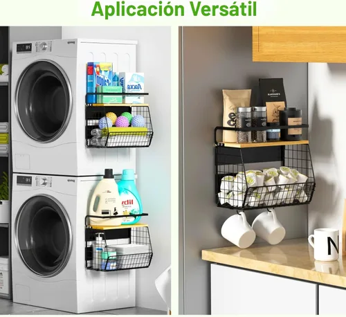 Miniatura 6 de Juego de 2 estantes magnéticos para refrigerador con tapa de madera, contenedores de almacenamiento de papas y cebollas, organizadores y Negro
