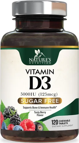 Miniatura 10 de Vitamina D3 5000 UI (125 mcg) por porción, vitamina D extra fuerte masticable para apoyo inmunológico, suplementos para huesos, dientes y músculos