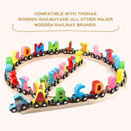 Miniatura 3 de Wondertoys - Tren de juguete de madera del alfabeto con 27 piezas, juego de tren magnético de madera del alfabeto ABC