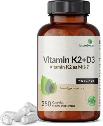 Futurebiotics Vitamina K2 (MK7) con suplemento D3 - Fórmula sin OGM - 5000 UI de vitamina D3 y 90 microgramos de vitamina K2 MK-7, 250 cápsulas