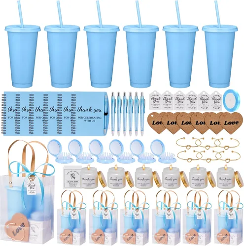 56 premios de baby shower para ganadores de juegos, regalos de baby shower, incluyendo vaso de plástico, cuaderno, velas perfumadas, bolígrafos Azul