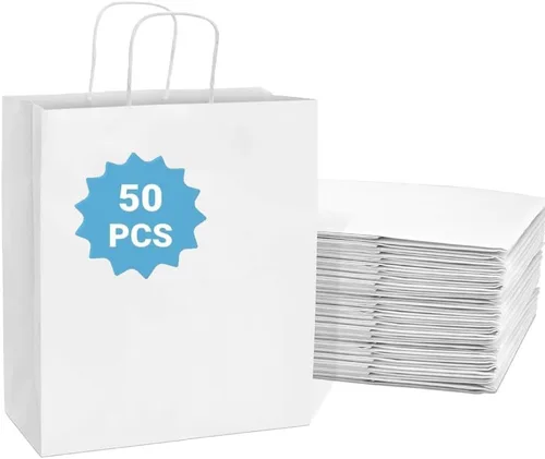 Miniatura 6 de COGLARING 100 bolsas de regalo negras con asas, bolsas de papel kraft de 11 x 5.9 x 11 pulgadas para fiestas, compras, comestibles y comida