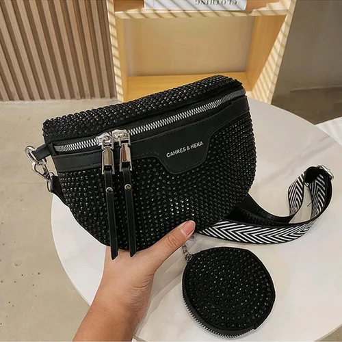 Miniatura 2 de RARITYUS Riñonera cruzada con diamantes de imitación brillantes para mujer, riñonera pequeña con cinturón, para fiesta o club, Negro, talla única