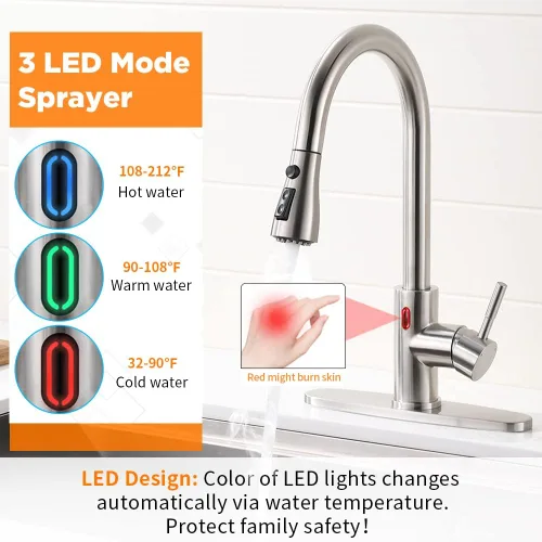 Miniatura 3 de OWOFAN Grifo de cocina sin contacto con rociador extraíble, luz LED, grifo de fregadero de cocina de una sola manija, sensor de movimiento, manos