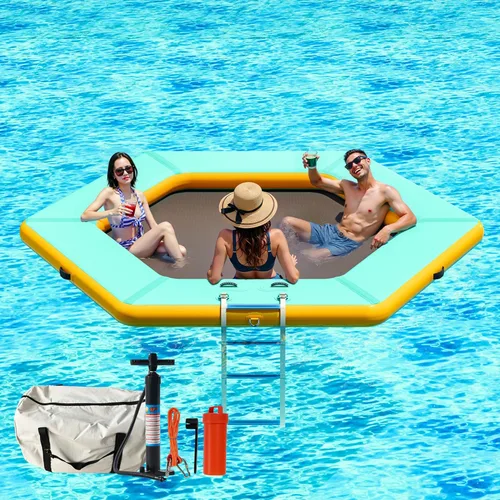 SPECRAFT Hamaca de agua inflable hexagonal de 10 pies para adultos, balsa flotante con escalera suave, muelle flotante resistente para piscina y
