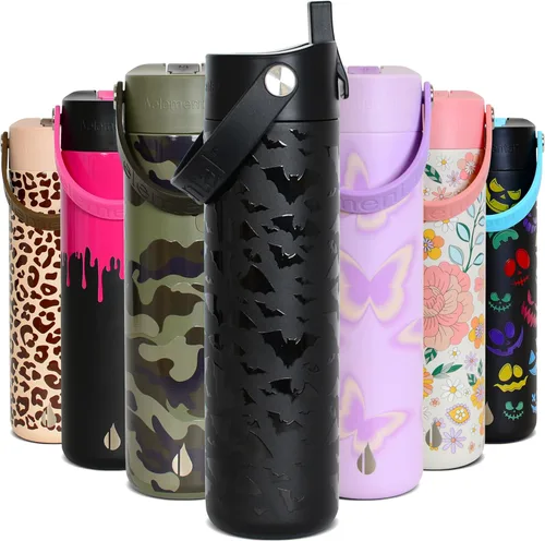 Miniatura 60 de Elemental Botella de agua aislada de 24 onzas con popote, botellas de agua con núcleo de acero inoxidable 100% a prueba de fugas para viajes, Beige