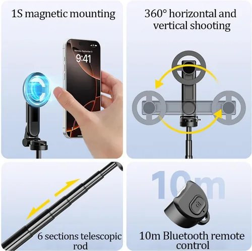 Miniatura 3 de Palo selfie magnético multifuncional 4 en 1 con rotación de 360°, mini trípode portátil extensible para teléfono con control remoto y anillo