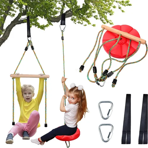 Columpio de disco para niños, juego de columpios de árbol, accesorios de cuerda ajustable con barras de mono, 1 mosquetón, 2 correas para colgar Rojo