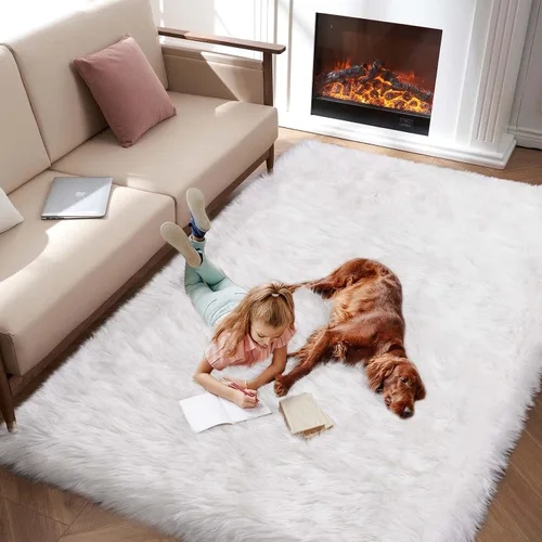 Miniatura 30 de Alfombra de piel sintética para sofá, silla, alfombra pequeña beige para dormitorio, 2 x 3 pies, alfombras peludas para habitación de los niños