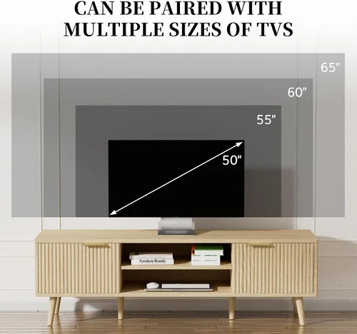 Miniatura 3 de SHGJ&SOFT Soporte de TV para 60/65 pulgadas, centro de entretenimiento bohemio moderno de mediados de siglo con 2 gabinetes y estantes abiertos, De