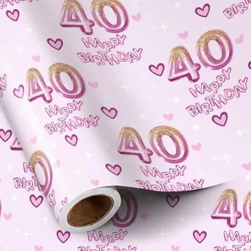 Miniatura 11 de RUSPEPA Papel de regalo de cumpleaños número 15 para niña, corazones y globos rosas del número 15, diseño de feliz cumpleaños, 15 años, mini rollo