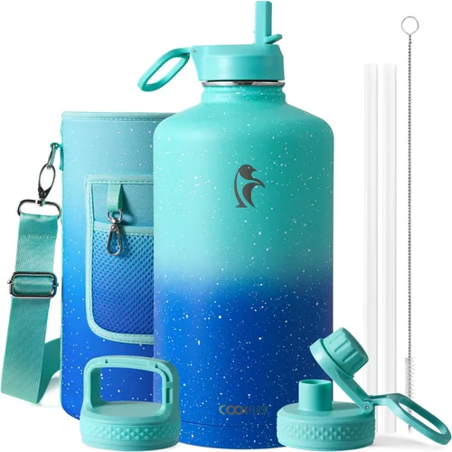 Miniatura 38 de Coolflask Botella de agua de 20 onzas aislada con pajilla, 3 tapas de metal de acero inoxidable, botella de agua de boca ancha para deportes u