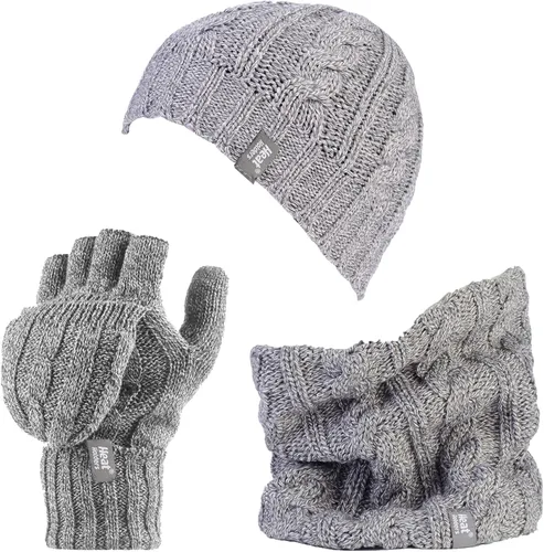 Heat Holders Conjunto de guantes térmicos de punto de forro polar, calentador de cuello y convertidor para mujer invierno