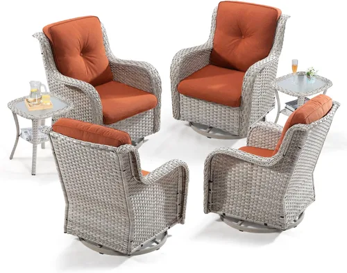 Miniatura 12 de Joyside Juego de 2 sillas giratorias para patio al aire libre y mesa auxiliar a juego, juego de 3 piezas de mimbre para patio con cojines de tela