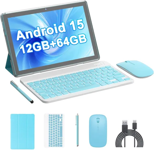 HOTTABLET Kit de tableta Android 15 de 10 pulgadas con estuche/lápiz capacitivo, 12 (4+8 expandir) GB RAM+64 GB ROM, cámara dual de 2+8 MP, batería