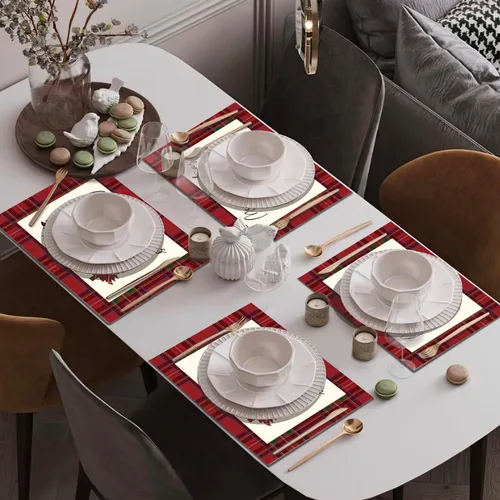 Miniatura 5 de Manteles individuales impermeables con diseño de árboles de Navidad, diseño de cuadros rojos y negros, juego de 4, manteles individuales lavables