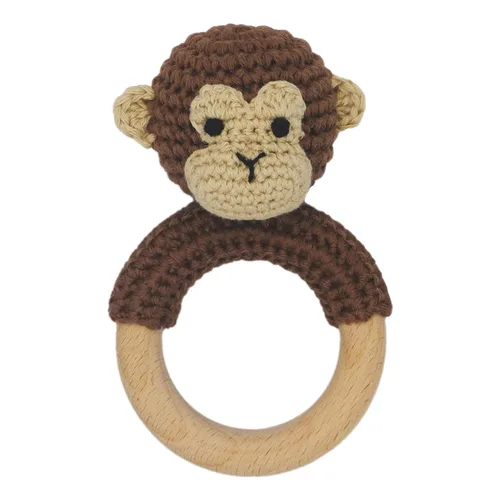Joliecraft Juguetes de sonajero de madera de animales de safari para bebé, sonajero de ganchillo relleno con anillo de mordedor para recién nacido,