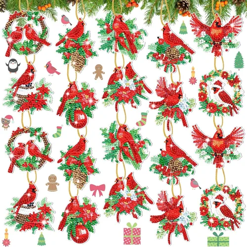 Skylety 20 piezas de adornos artísticos de diamantes de invierno, kit de pintura de diamante cardenal para adultos, regalos 5D, etiquetas de