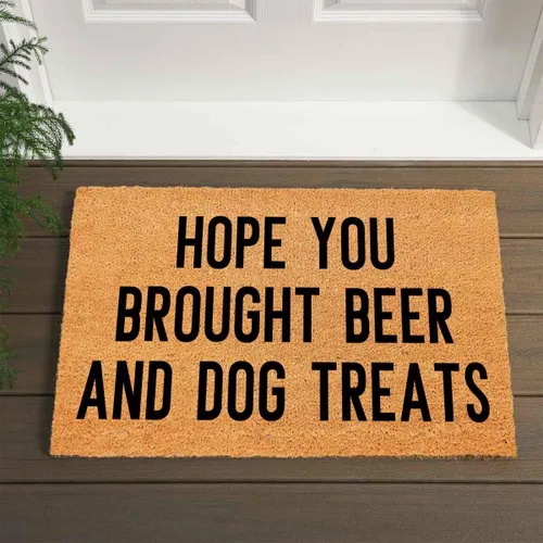 Miniatura 9 de Tapete divertido de fibra de coco con texto en inglés «Hope You Brought Beer and Dog Treats In» Tapete para puerta al aire libre con porche frontal