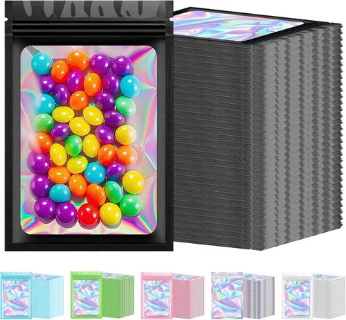 300 bolsas holográficas de Mylar a granel, bolsas resellables a prueba de olores con ventana transparente, bolsa de aluminio para pequeñas empresas