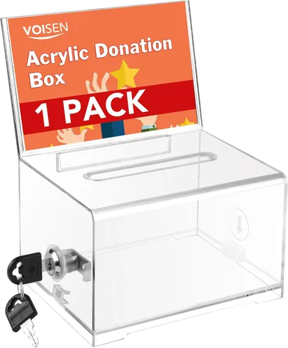 VOISEN Caja de Donación Transparente con Cerradura, Caja de Votación con Soporte para Letreros, Cajas de Sugerencias para Recaudación de Fondos,