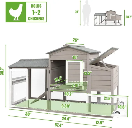 Miniatura 2 de PetsCosset Gallinero de 136 pulgadas con ruedas, gallinero de madera para patio trasero al aire libre para 1-6 pollos, jaula de aves de corral de 2