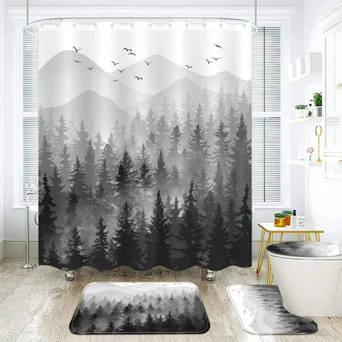 Miniatura 2 de Fungarth Juego de 4 cortinas de ducha de bosque brumoso negro y blanco con alfombra, juegos de baño de montaña con cortina de ducha de tela