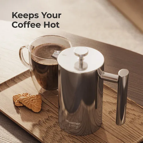 Miniatura 9 de MuellerLiving - Cafetera de prensa francesa MuellerLiving de 20 oz, prensa francesa de café de acero inoxidable, 4 filtros resistentes al calor