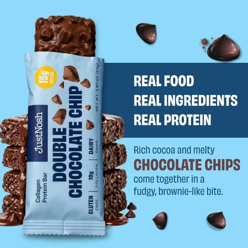Miniatura 3 de JUSTNOSH Double: barras de proteína de colágeno con chispas de chocolate, 0.55 onzas de proteína, 0.35 onzas de colágeno, sin gluten y lácteos