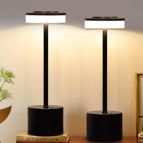 AIHYING Paquete de 2 Lámparas de Mesa Inalámbricas Negras Portátiles con LED, Lámpara de Escritorio de 5000mAh con Batería Operada, 3 Colores,