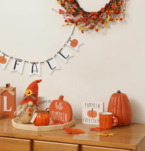 Miniatura 4 de Juego de 5 piezas de decoración de bandeja escalonada de Acción de Gracias con gnomo, letreros de calabaza, bloques de madera y pancartas