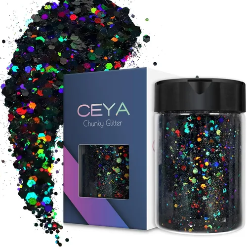 Ceya - Purpurina gruesa holográfica, 140 g / 4.9 oz de polvo de purpurina negra para manualidades, lentejuelas finas y gruesas mezcladas, B-Laser