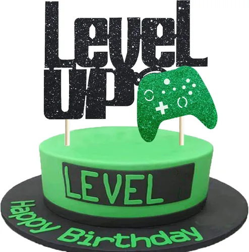 Level Up - Decoración para tartas con purpurina negra y verde para fiesta de videojuegos, controlador de videojuegos, fanáticos de juegos, temática