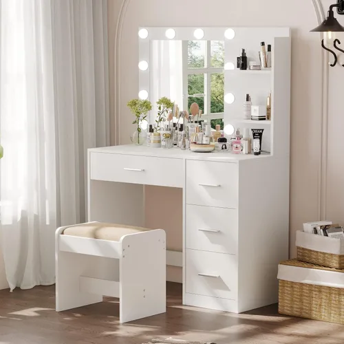 Miniatura 2 de Rovaurx Escritorio de tocador con espejo y luces, mesa de tocador de maquillaje con estantes de almacenamiento y 4 cajones, tocador de dormitorio