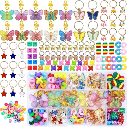 NAISKA 138 piezas de accesorios para rastas de cabello trenzadas de mariposa dorada con cuentas de colores, dijes y colgantes para trenzas, bobinas