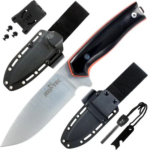 Miniatura 9 de JEO-TEC Nº21 Bushcraft Survival Hunting Cuchillo táctico de hoja fija - BOHLER N690C Acero Inoxidable, Funda de Cuero Multiposicionada, Piedra BLACK