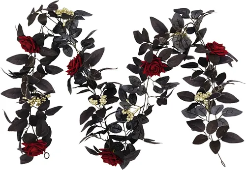 Guirnalda artificial de seda negra de 5.9 pies para Halloween, flores artificiales de seda con hojas, flores decorativas artificiales para colgar en