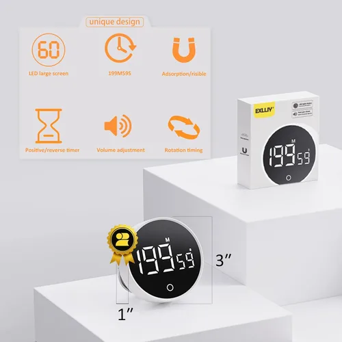 Miniatura 5 de Temporizador digital de cocina, temporizador visual magnético recargable con pantalla LED grande, volumen ajustable para aula, cocina, fitness