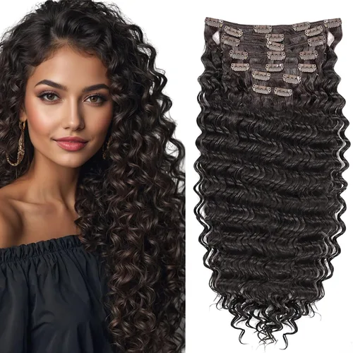 Miniatura 8 de Extensión de cabello humano con clip de onda profunda de 24 pulgadas, postizo de doble trama, sintético para mujeres, extensiones de cabello grueso