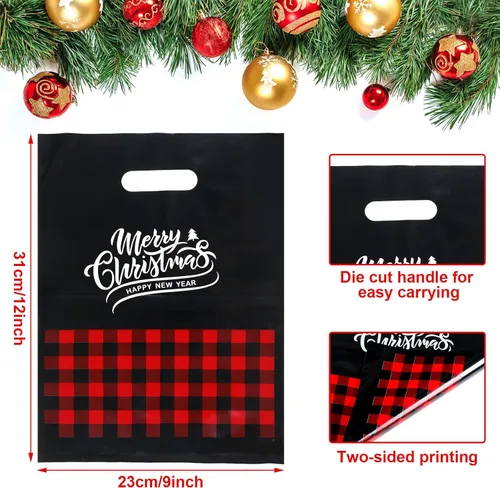 Miniatura 2 de Sadnyy Paquete de 100 bolsas de plástico para regalo de Navidad, a granel, pequeñas bolsas de compras de Feliz Navidad, mercancía gruesa impresión